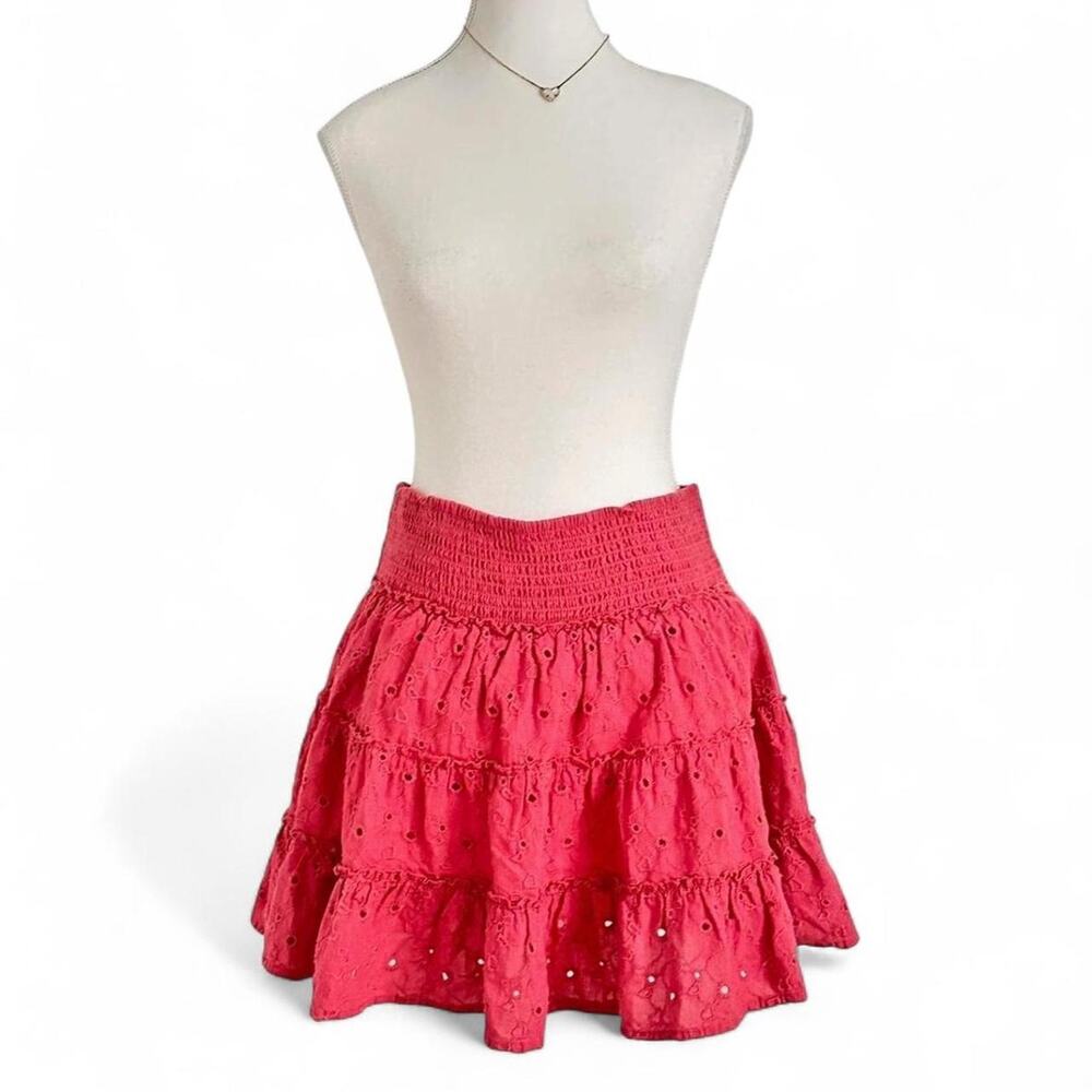 American Eagle Outfitters pink eyelet mini skirt ruffles small white polka dot
